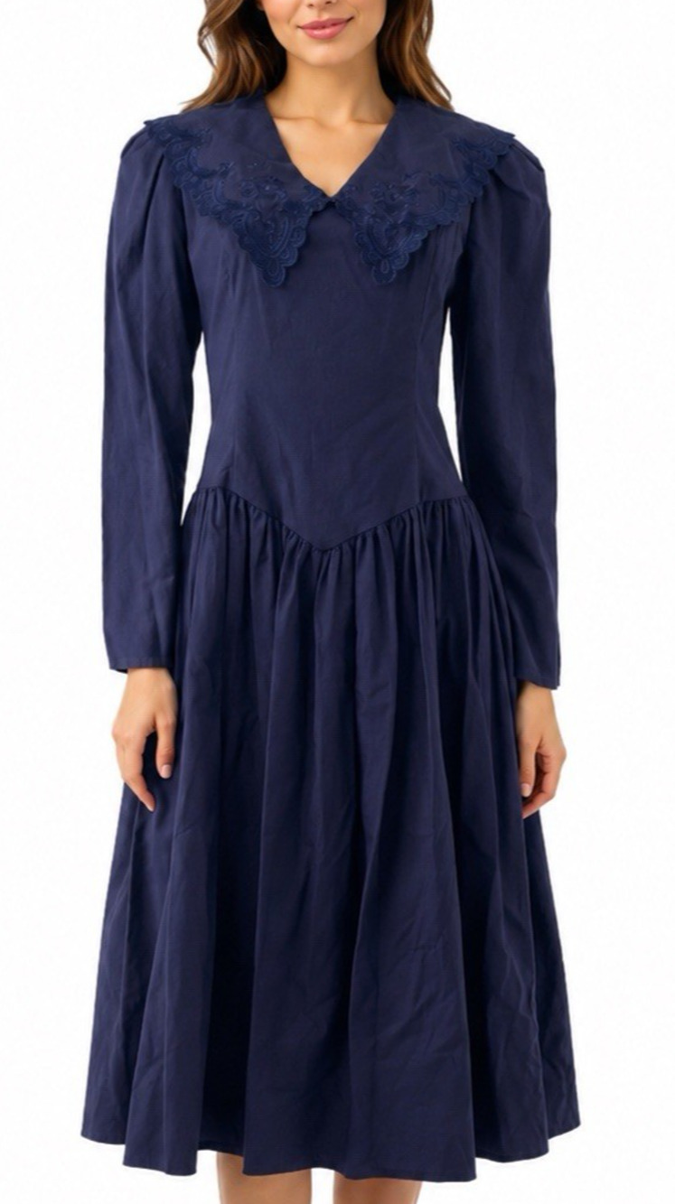 NWT Jessica McClintock Gunne Sax Dress Midi Navy Blue Prairie Embroider Collar